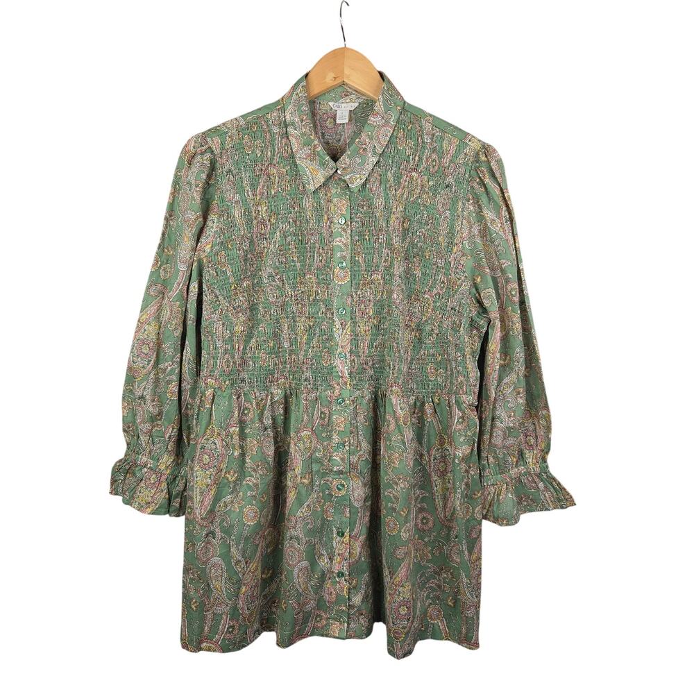 CATO Smocked Babydoll Top Women's L Sage Paisley Floral Button Up Flowy Long NWT